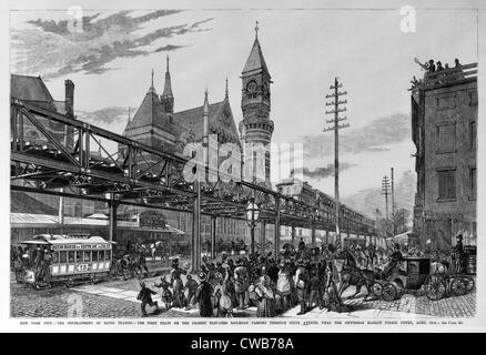 New York City. der erste Zug auf der Gilbert erhöhte Eisenbahn durch Sixth Avenue, in der Nähe von Jefferson Market Polizei Stockfoto