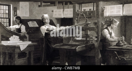 Benjamin Franklin den Drucker. Illustration von Ben Franklin als junger Mann seine Druckmaschine in Philadelphia tätig. 1914
