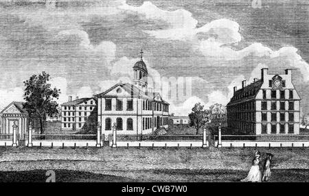 Harvard College, ca. 1767. Von links sind Holden Kapelle, Hollis Hall, Harvard Hall, Stoughton Hall, und Massachusetts Hall. Stockfoto