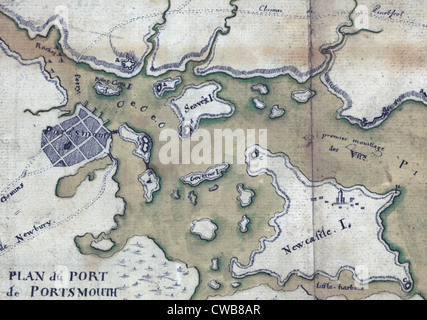 Die amerikanische Revolution. Portsmouth, New Hampshire. Manuskript-Karte von Portsmouth Hafen Detaillierung Befestigungsanlagen. 1782 Stockfoto