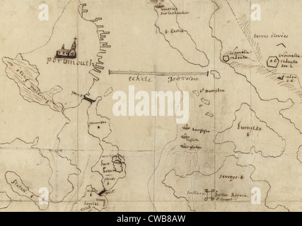 Die amerikanische Revolution. Portsmouth, New Hampshire. Manuskript-Karte von Portsmouth Hafen Detaillierung Befestigungsanlagen und Französisch Stockfoto
