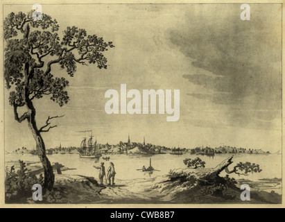 Die amerikanische Revolution. Ansicht von Portsmouth, New Hampshire aus über den Piscataqua Fluß. Aquatinta von Atlantik Stockfoto