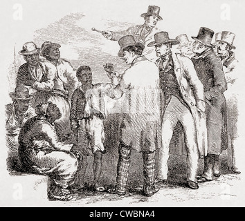 Versklavte Afroamerikaner verkauft an einer Auktion. 1853-Illustration von Hammat Billings von Onkel Toms Hütte, zeigt Albert wird Stockfoto