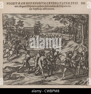 Szene der frühen Sklaverei in Amerika, zeigt spanischen Soldaten Schlachten und Widerstand gegen Indianer erfassen. Die 1595 Stockfoto