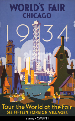 Plakat für die 1934 Chicago World Fair zeigt das Messegelände mit der Skyline von Chicago. Plakat steht die modernen Chicago Stockfoto