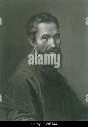 Michelangelo Buonarroti (1475-1564), Bildhauer und Maler der Hochrenaissance zu meistern. 1876-Kupferstich von A. Francois nach einer Stockfoto