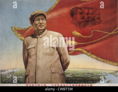 Die Herrlichkeit des Mao Ideologien hellt das neue China. Plakat zeigt Mao Zedong vor rote Fahne mit den Porträts steht Stockfoto