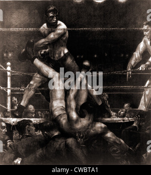 Jack Dempsey klopfte aus dem Ring von Luis Firpo in der ersten Runde des Kampfes in den Polo Grounds in New York an Stockfoto