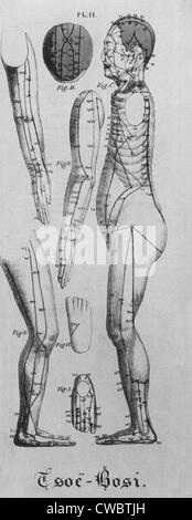 Menschliche Abbildung im linken Profil mit Akupunkturpunkte und Meridiane identifiziert.  Ansichten des Kopfes, sind auch die Stockfoto