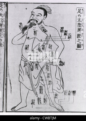 Bärtige Figur mit Akupunkturpunkte und Meridiane, die mit japanischen Zeichen gekennzeichnet. Aus ein medizinischen Text veröffentlicht in Osaka, Stockfoto