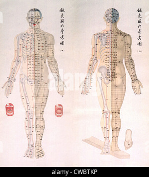 Chinesische Diagramm von Akupunkturpunkten auf einem männlichen Körper, mit den Knochen auf die Hälfte seines Körpers und Muskeln auf der anderen Hälfte dargestellt. Stockfoto