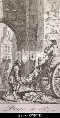 Große Pest von London (1665). Die Toten Pestkranken werden gesammelt und auf einen Wagen geladen, während der Pestepidemie von 1665 Stockfoto