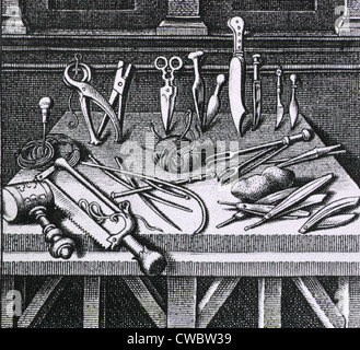 16. Jahrhundert chirurgische Geräte und Instrumente, die auf einem Tisch angeordnet. Von Ambroise Pare, DIX LIVRES DE LA CHIRURGIE (zehn