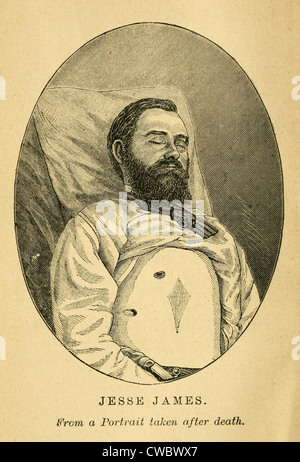 Jesse James, nach seinem Tod in den Händen der Wende-Mantel Belohnung Sammler Bob Ford am 3. April 1882. Stockfoto