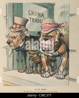 WIE IN CHINA. Karikatur zeigt Uncle Sam John Bull und Japan als Hunde bewachen eine offene Tür "China Handel". Europäischen Mächte Stockfoto