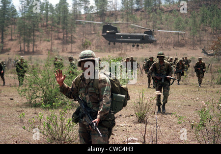 Ein 82nd Airborne Division Soldat zu seinem Zug signalisiert, wie sie über ein Feld in Honduras vorher nach Einlegen von ein Stockfoto