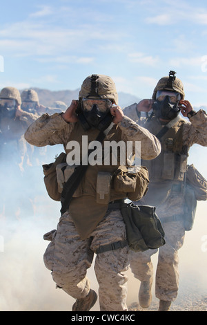 US Marines und Matrosen in voller schützende Zahnrad marschieren durch die Gaswolke mit ihre neue Ausrüstung testen. 26. Januar 2011. Stockfoto