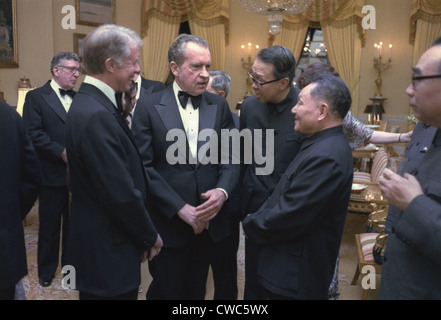 Jimmy Carter Richard Nixon und Deng Xiaoping während des Abendessens stand für die Vice-Premier von China. 29. Januar 1979. Stockfoto