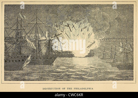 Erster Barbary Krieg 1801-1805. Zerstörung der USS Philadelphia im Hafen von Tripolis. 16. Februar 1804. Stockfoto