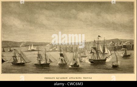 Erster Barbary Krieg 1801-1805. Prebles Squadron Angriff auf Tripolis. Stockfoto