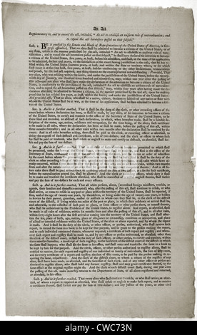 Ausländer und Sedition Acts von 1798. Gedrucktes Dokument. Stockfoto