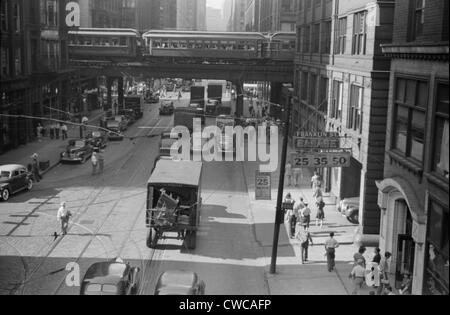 Die Chicago erhöhte Eisenbahn bei Franklin Street. Juli 1941. Stockfoto