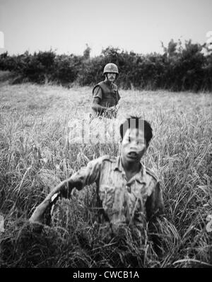 US-Marine mit Viet Cong POW. Eine Marine schützt ein Vietcong, während er durch hohe Gräser in der Sammelstelle in Richtung bewegt ein Stockfoto