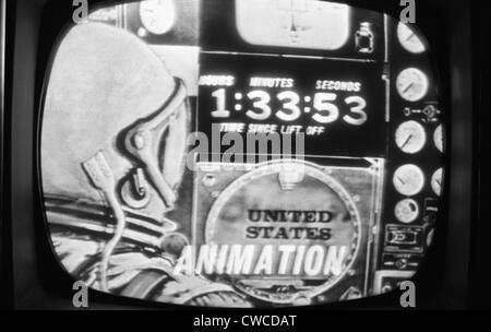 Fernsehbildschirm anzeigen eine Simulation von John Glenn in der Raumkapsel Friendship 7. Es wurden nicht öffentlich ausgestrahlt Stockfoto