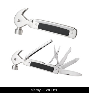 Multitool Messer mit einem Hammer auf einem weißen Hintergrund isoliert Stockfoto