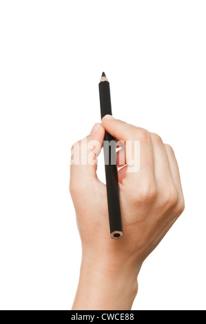 Bleistift in der Hand vor einem weißen Hintergrund Stockfoto