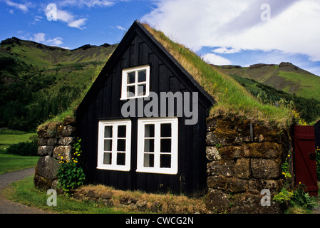 Historische Isländischen turfhouse mit einem Eco sod Dach und weissen Fensterrahmen an der Skogar Museum in Island, Europa, ungewöhnliche Bauernhaus Stockfoto