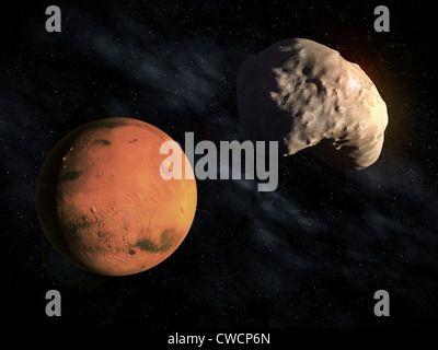 Mars kleiner Mond Deimos mit dem Planeten sichtbar im Hintergrund Stockfoto
