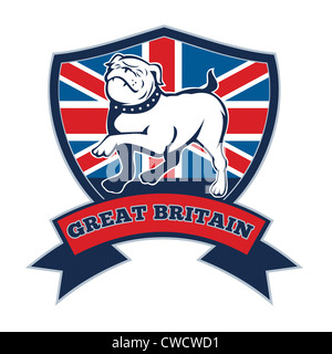 Beispiel für eine stolze englische Bulldogge marschieren mit Großbritannien oder britische Flagge im Hintergrund im Inneren eines Schildes Stockfoto