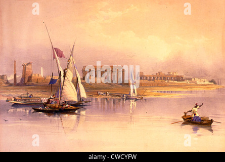 Allgemeine Ansicht der Ruinen von Luxor aus dem Nil 1838 Stockfoto