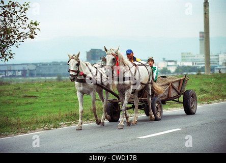 Vater und Sohn auf einem Pferd, Rumänien Stockfoto