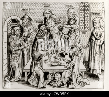 Illustration des Antisemitismus - die falsche Anschuldigung der Juden, die eine Blutverleumdung eines zweijährigen Jungen Simon von Trient verübten, um sein Blut für das Pascha 1475 zu verwenden Stockfoto
