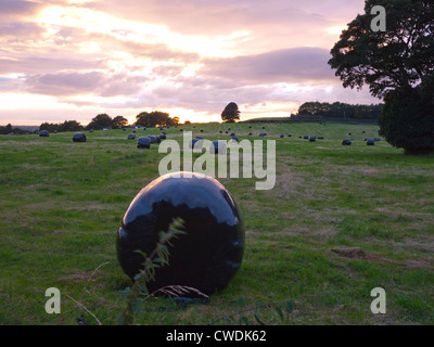 Sonnenuntergang erschossen von Strohballen verpackt in schwarzem Kunststoff, England, UK. Stockfoto