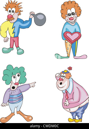 Lustige und fröhliche Clowns. Satz von Farbe-Vektor-Illustrationen. Stockfoto