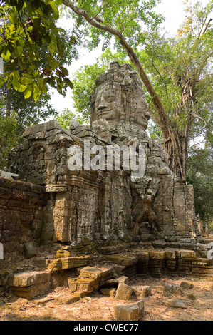 Vertikale Ansicht eines Steins konfrontiert Gopura Eingänge ToTa Prohm aka Rajavihara oder der Tomb Raider-Tempel in Angkor. Stockfoto