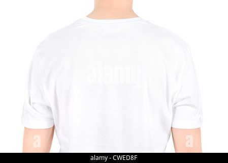 Werbeflächen auf einem weißen T-shirt. Isoliert auf weiss. Stockfoto