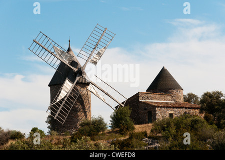 Eine restaurierte Windmühle in der Nähe von Faugères im Naturpark Haut-Languedoc, Frankreich. Stockfoto