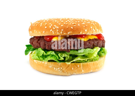 Gourmet-Cheeseburger mit einem hausgemachten Rindfleisch Patty auf einem Salatbett mit ketchup Stockfoto