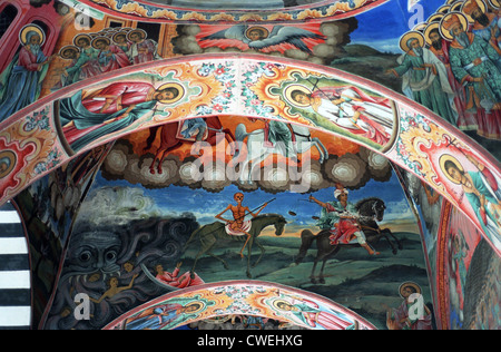 Fresko der vier apokalyptischen Reiter im Kloster Rila, Bulgarien e Wahrzeichen Stockfoto