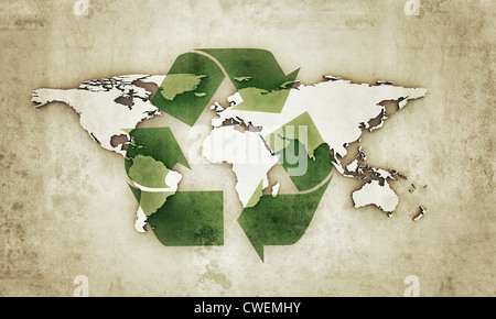extrudierte Kontinente mit Recycling Symbol in alten Grunge-Foto Stockfoto