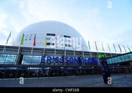 Stockholm, Schweden - 15. Dezember 2011: Architekturdetail des Ericsson Globe, der national indoor Arena von Schweden Stockfoto