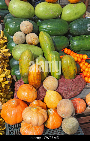 Tropische Früchte und Gemüse an einem Straßenrand stehen in das Hochland der Anden in der Nähe von Quito, Ecuador Stockfoto