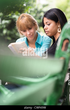 Junge Frauen in der Schule, zwei weibliche Studenten studieren in Park buchen