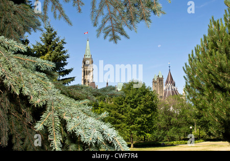 Das kanadische Parlament Centre Block und die Bibliothek gesehen von Major es Hill Park in Ottawa, Kanada. Stockfoto