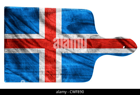 Strukturierte Island Flagge gemalt auf alten stark beanspruchte hacken oder Schneidebrett auf weißem Hintergrund Stockfoto