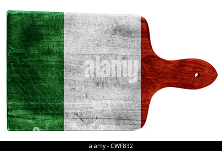 Strukturierte italienische Flagge gemalt auf alten stark beanspruchte hacken oder Schneidebrett auf weißem Hintergrund Stockfoto